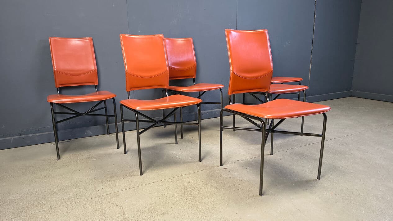 Set of six dining chairs, orange leather, black metal, by R. Littel, Matteo Grassi, Italy, 1970s. - 330528