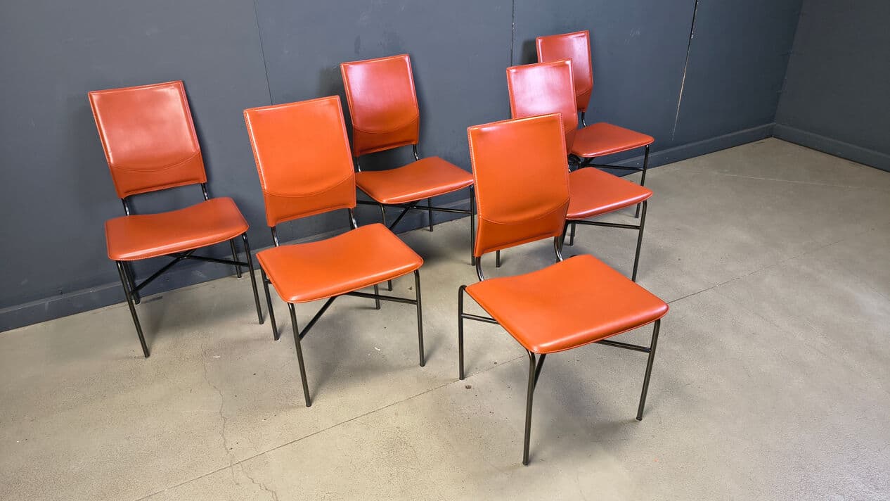 Set of six dining chairs, orange leather, black metal, by R. Littel, Matteo Grassi, Italy, 1970s. - 330525