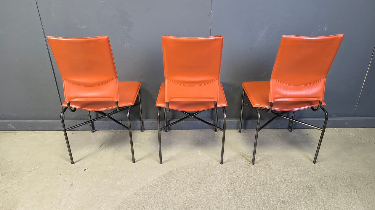 Set of six dining chairs, orange leather, black metal, by R. Littel, Matteo Grassi, Italy, 1970s. - 330530