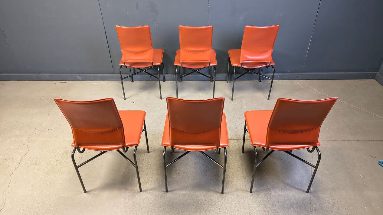 Set of six dining chairs, orange leather, black metal, by R. Littel, Matteo Grassi, Italy, 1970s. - 330529