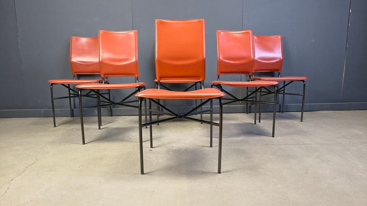 Set of six dining chairs, orange leather, black metal, by R. Littel, Matteo Grassi, Italy, 1970s. - 330524
