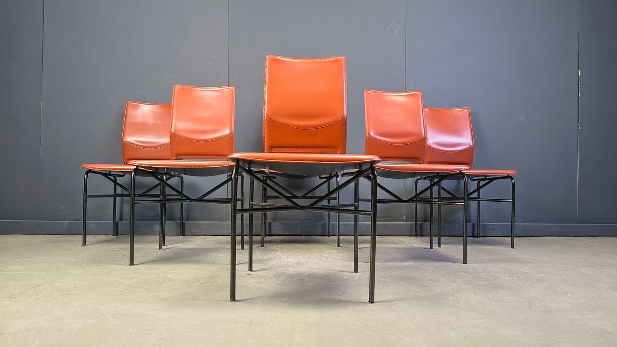 Set of six dining chairs, orange leather, black metal, by R. Littel, Matteo Grassi, Italy, 1970s. - 330527