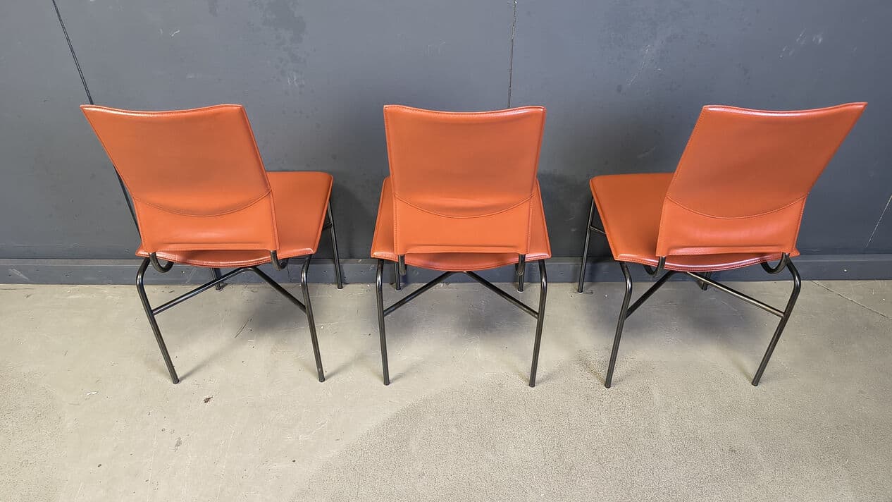 Set of six dining chairs, orange leather, black metal, by R. Littel, Matteo Grassi, Italy, 1970s. - 330522