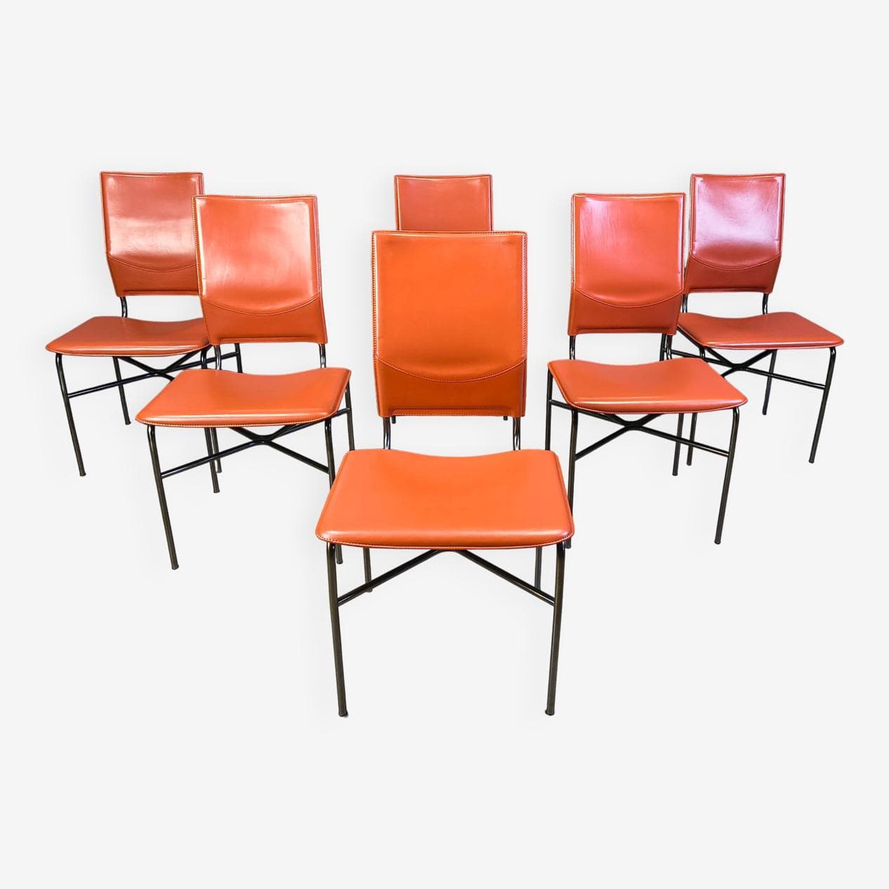 Set of six dining chairs, orange leather, black metal, by R. Littel, Matteo Grassi, Italy, 1970s. - 330523