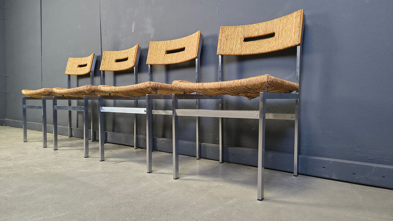 Set of four chairs, brown rattan, silver chrome, Belgium, 1970s. - 330503