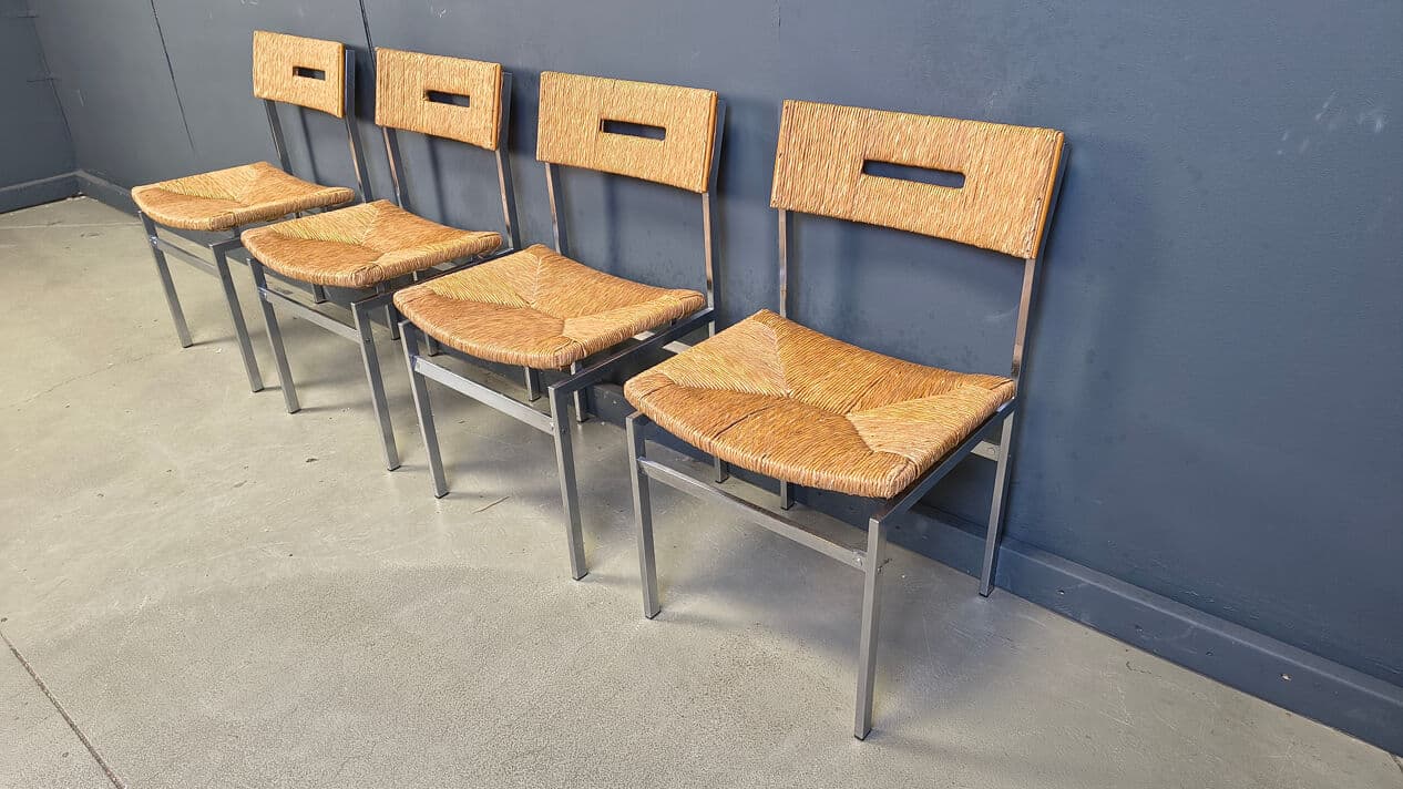 Set of four chairs, brown rattan, silver chrome, Belgium, 1970s. - 330505
