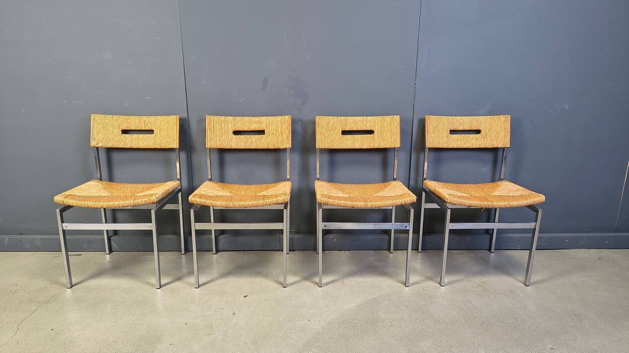 Set of four chairs, brown rattan, silver chrome, Belgium, 1970s. - 330497