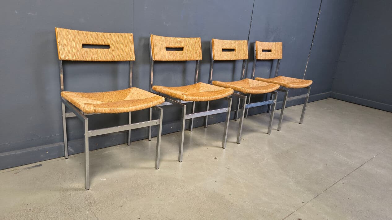 Set of four chairs, brown rattan, silver chrome, Belgium, 1970s. - 330506