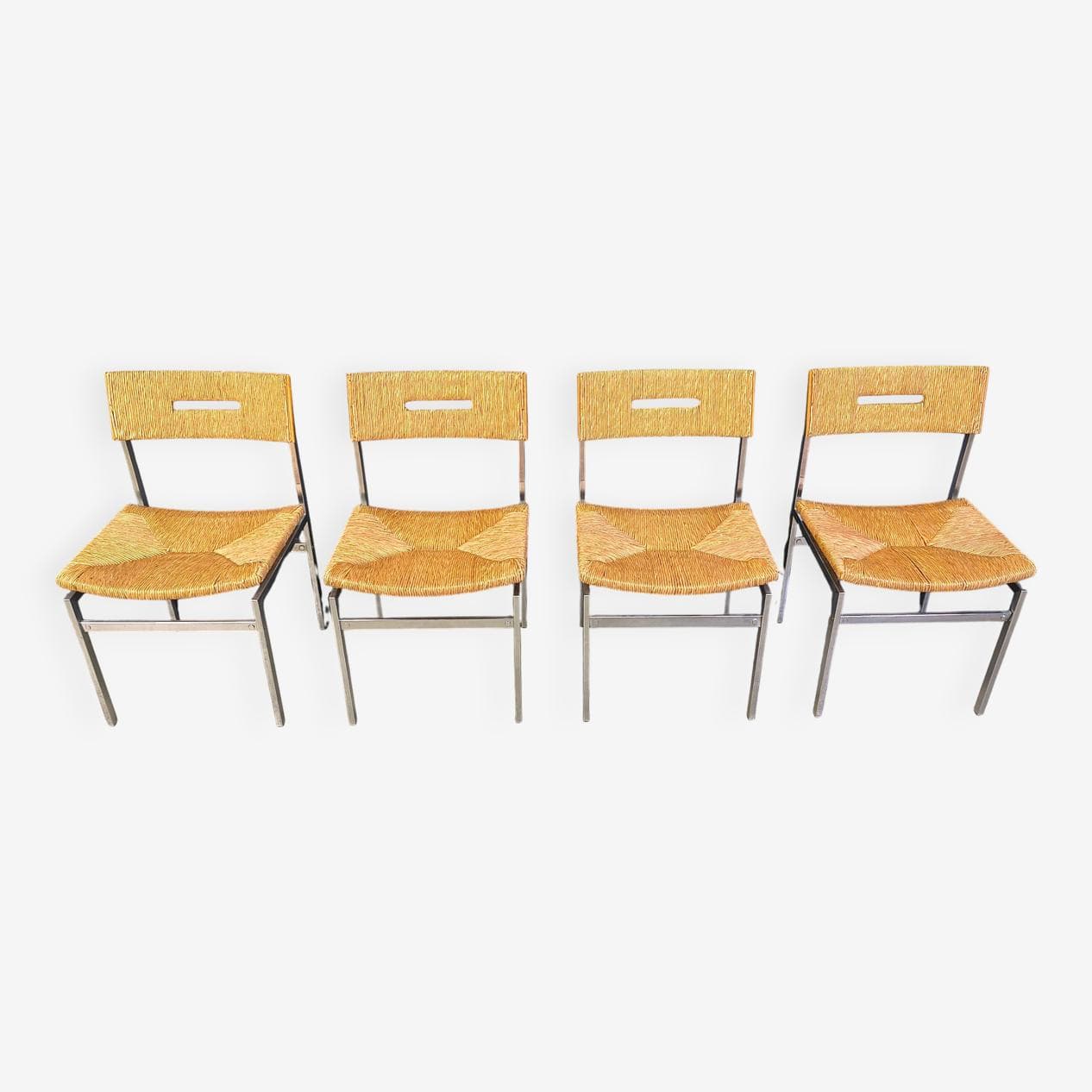 Set of four chairs, brown rattan, silver chrome, Belgium, 1970s. - 330499