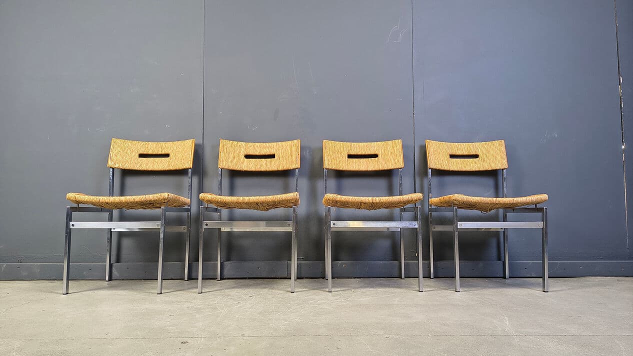 Set of four chairs, brown rattan, silver chrome, Belgium, 1970s. - 330500