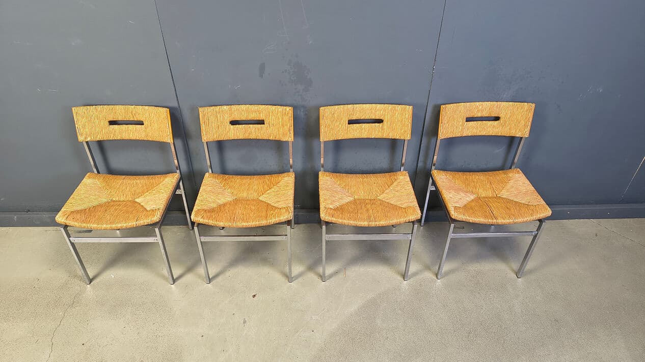 Set of four chairs, brown rattan, silver chrome, Belgium, 1970s. - 330507