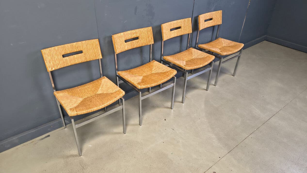 Set of four chairs, brown rattan, silver chrome, Belgium, 1970s. - 330502