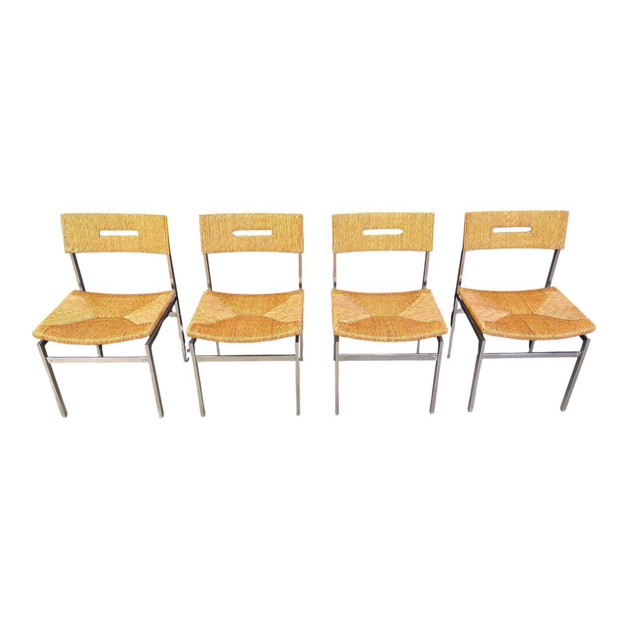 Set of four chairs, brown rattan, silver chrome, Belgium, 1970s.