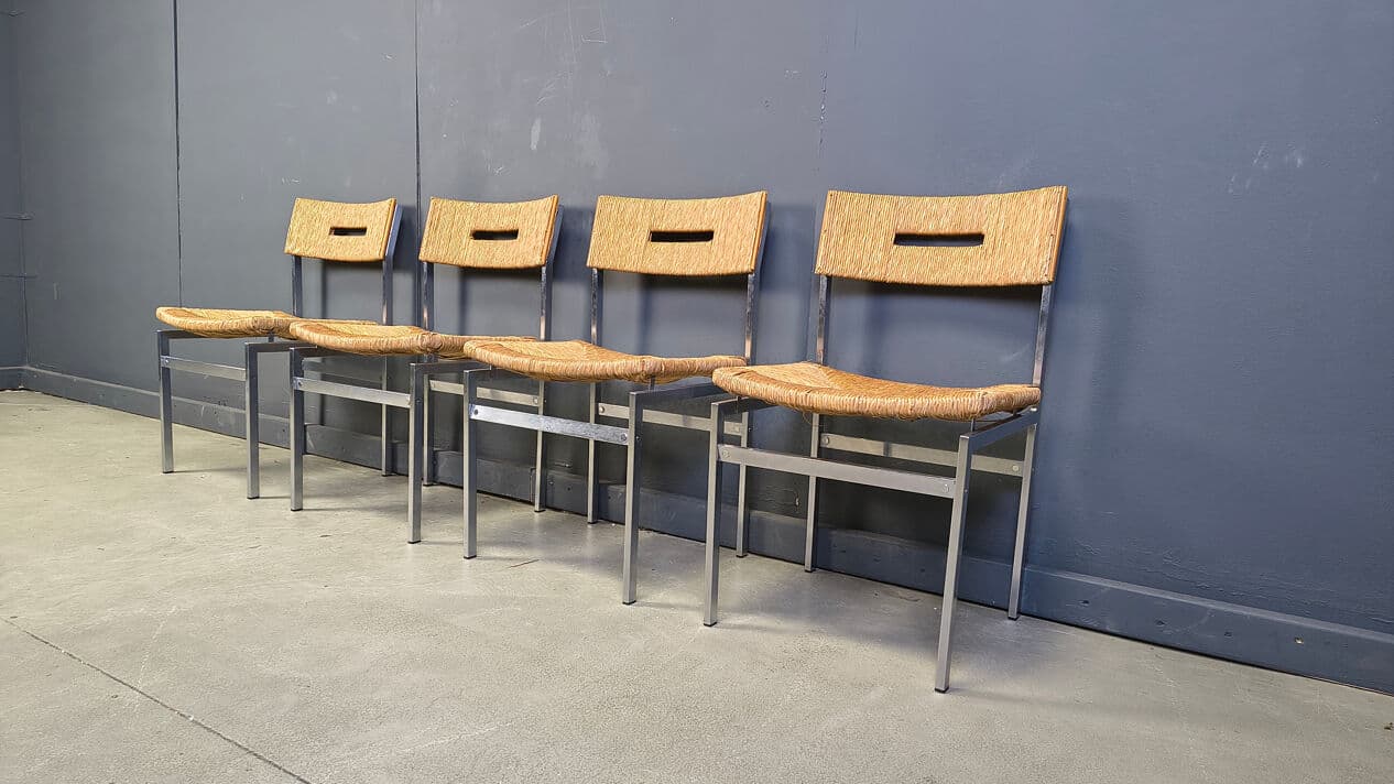 Set of four chairs, brown rattan, silver chrome, Belgium, 1970s. - 330504