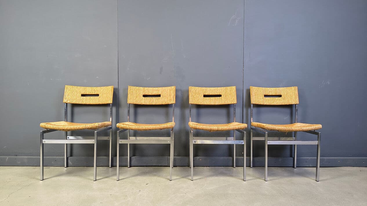 Set of four chairs, brown rattan, silver chrome, Belgium, 1970s. - 330501