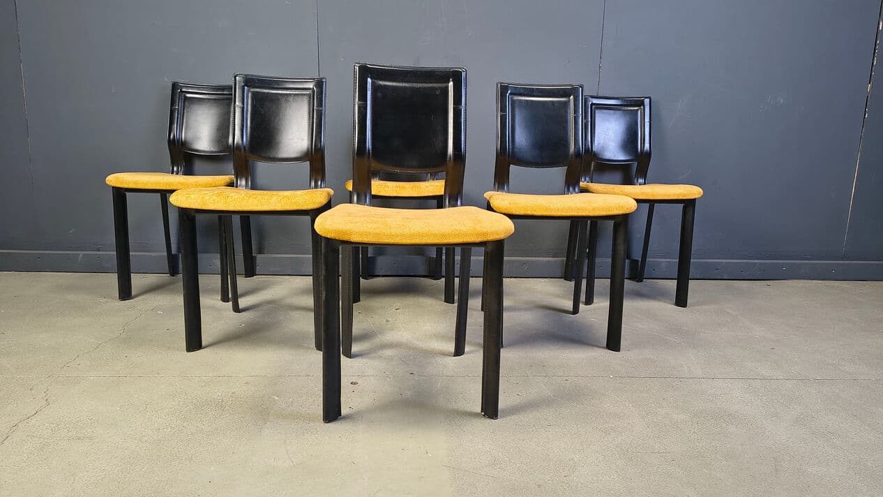 Set of six dining chairs, black leather, yellow velvet, Italy, 1980s. - 330473