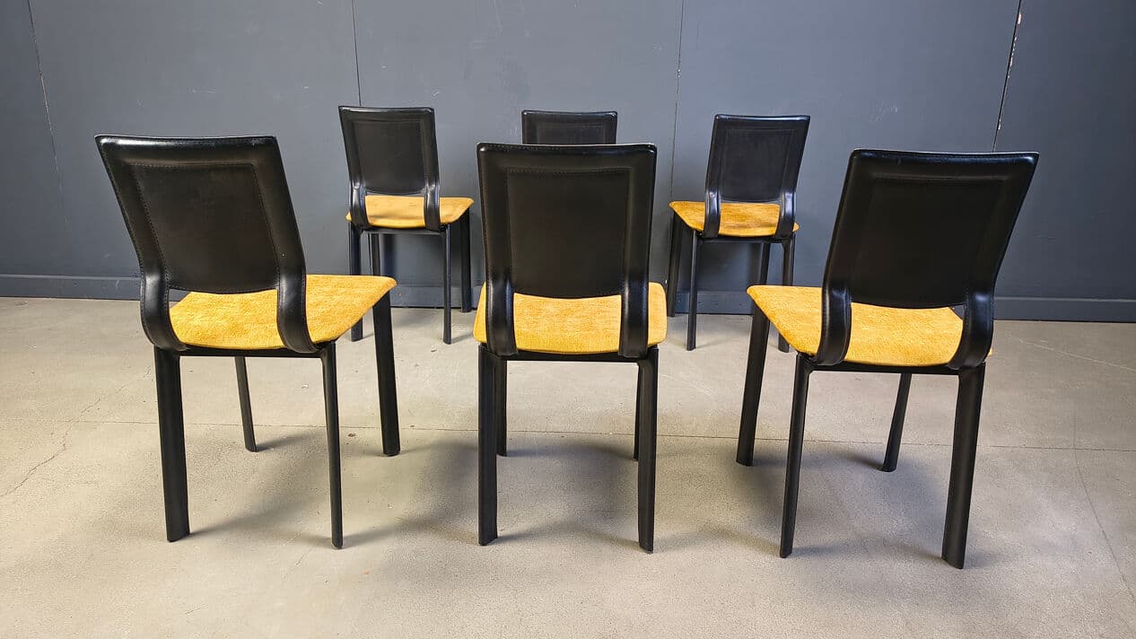 Set of six dining chairs, black leather, yellow velvet, Italy, 1980s. - 330481