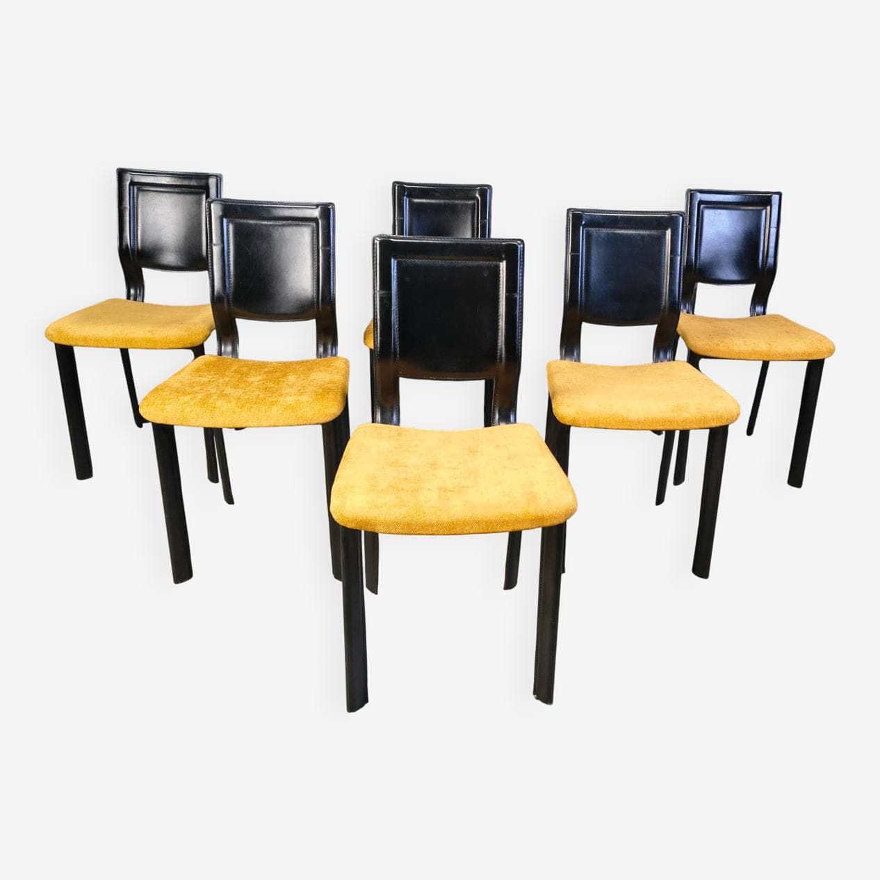 Set of six dining chairs, black leather, yellow velvet, Italy, 1980s. - 330475