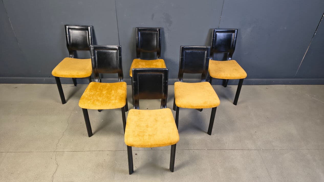 Set of six dining chairs, black leather, yellow velvet, Italy, 1980s. - 330482