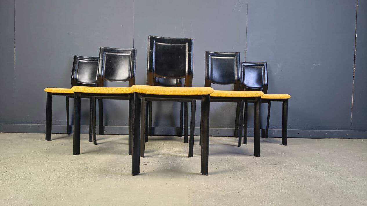 Set of six dining chairs, black leather, yellow velvet, Italy, 1980s. - 330476