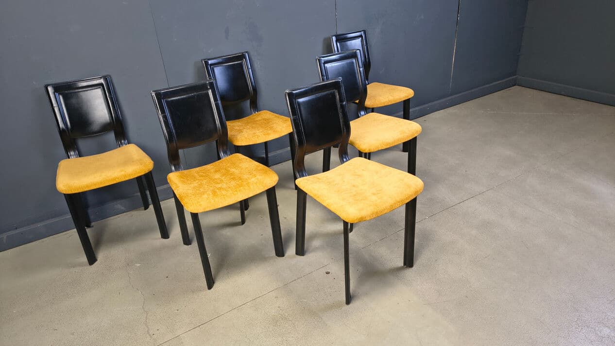 Set of six dining chairs, black leather, yellow velvet, Italy, 1980s. - 330479