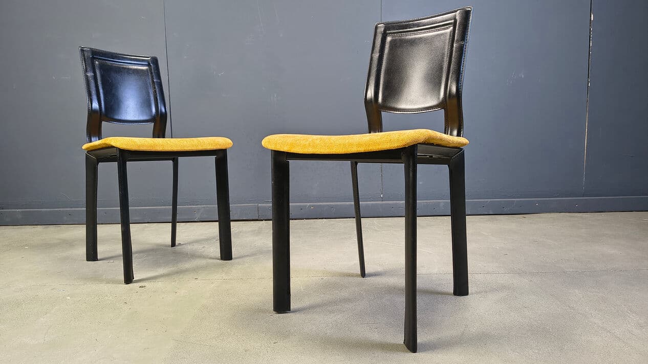Set of six dining chairs, black leather, yellow velvet, Italy, 1980s. - 330474