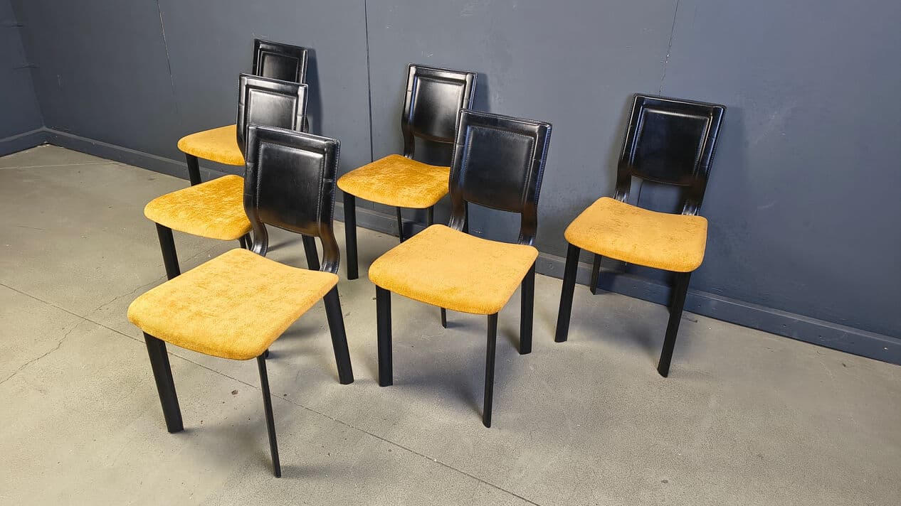 Set of six dining chairs, black leather, yellow velvet, Italy, 1980s. - 330477