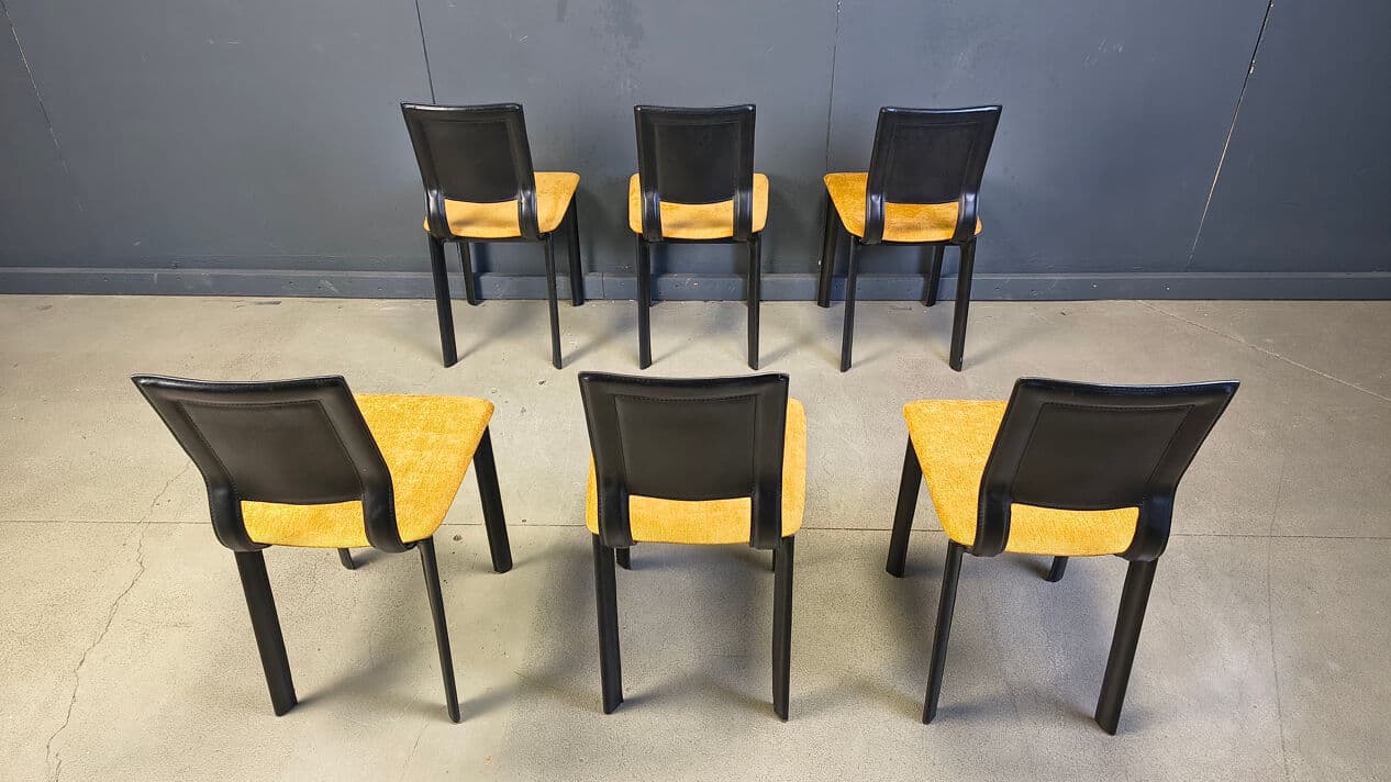 Set of six dining chairs, black leather, yellow velvet, Italy, 1980s. - 330478