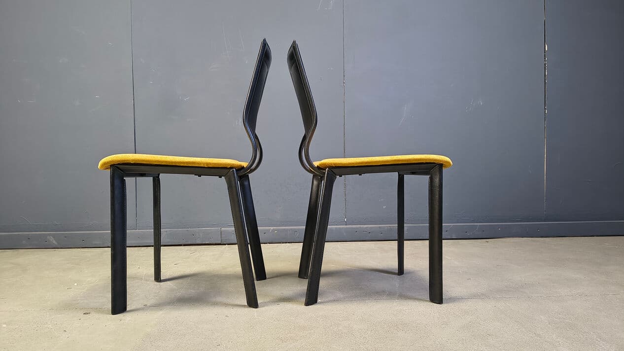 Set of six dining chairs, black leather, yellow velvet, Italy, 1980s. - 330483
