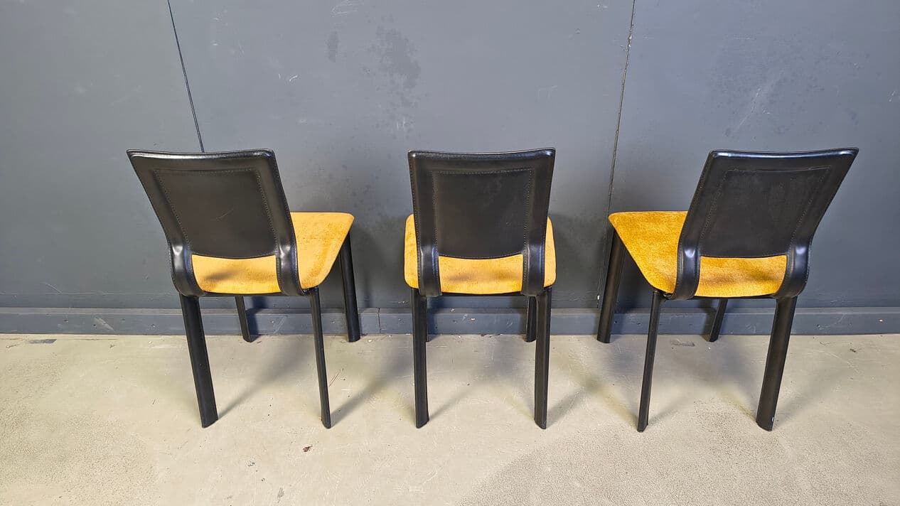 Set of six dining chairs, black leather, yellow velvet, Italy, 1980s. - 330480