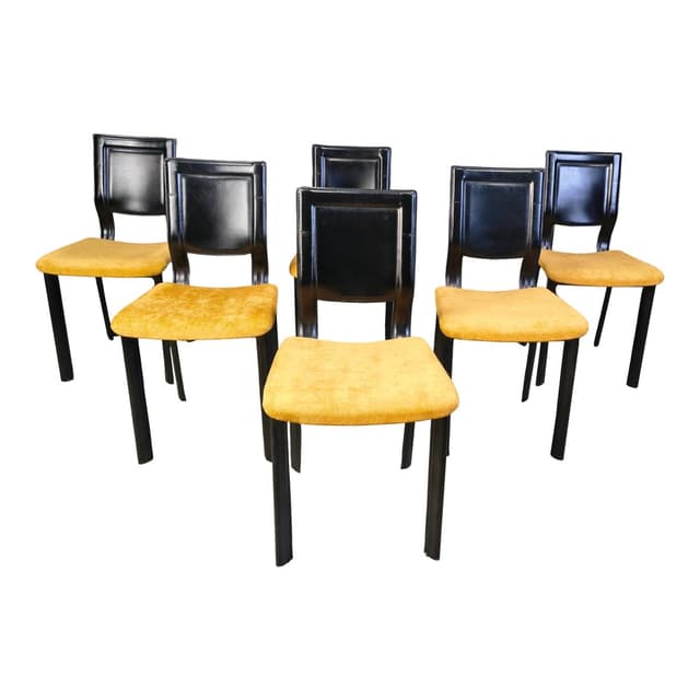 Set of six dining chairs, black leather, yellow velvet, Italy, 1980s. - DIMENSION