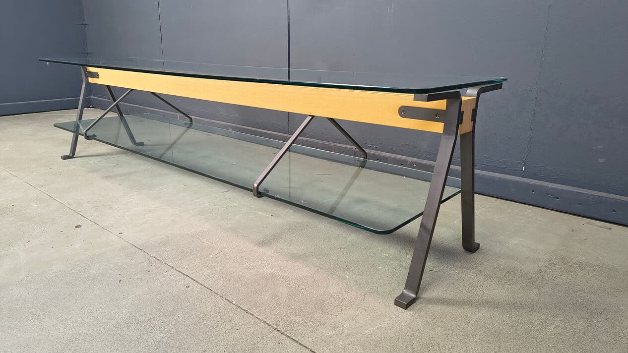 Coffee Table Fratello, transparent glass, black steel, brown beech, by E. Mari, Belgium, 1970s. - 330471