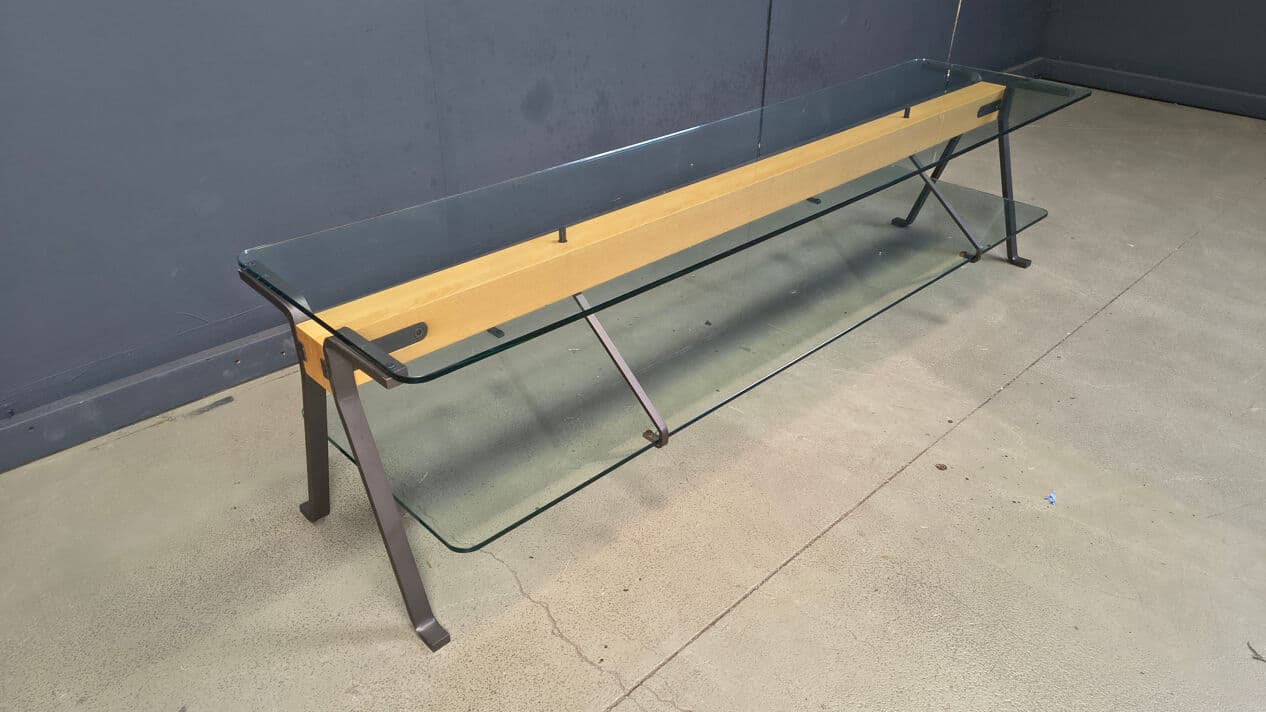 Coffee Table Fratello, transparent glass, black steel, brown beech, by E. Mari, Belgium, 1970s. - 330467