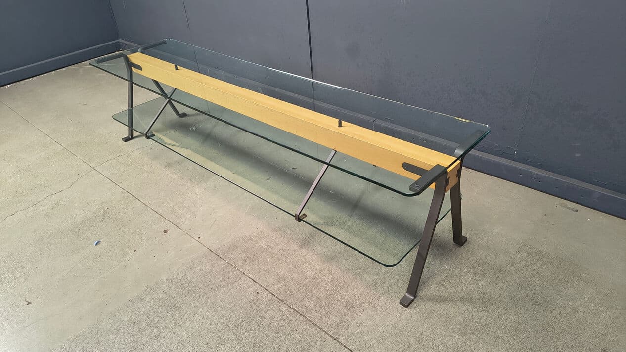 Coffee Table Fratello, transparent glass, black steel, brown beech, by E. Mari, Belgium, 1970s. - 330462