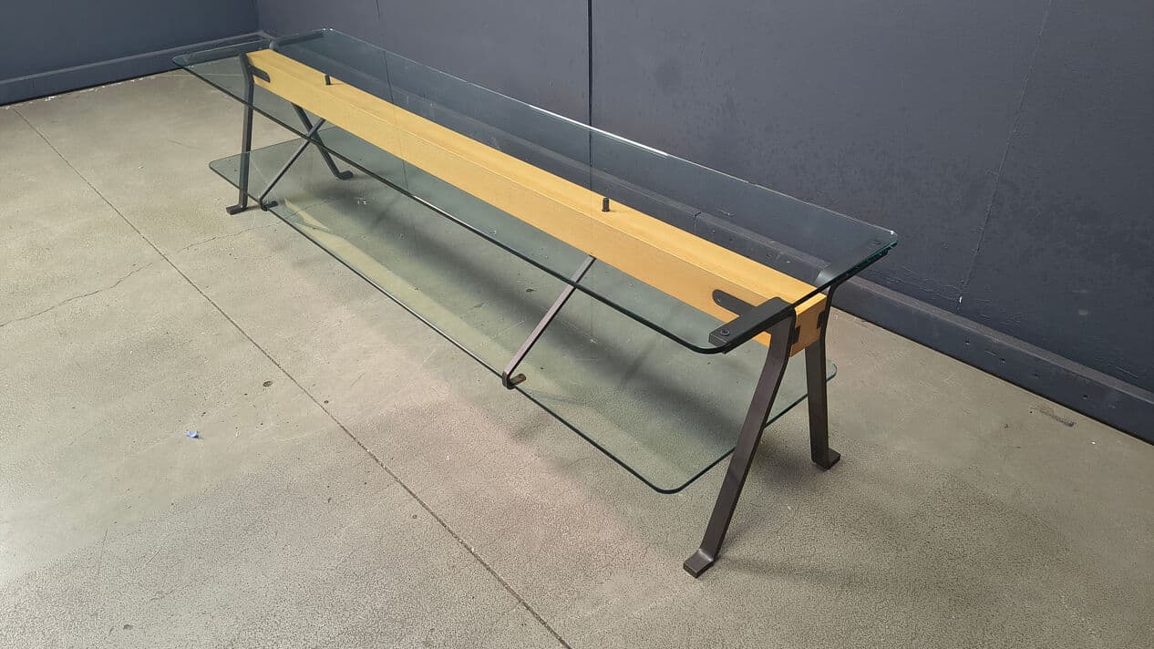 Coffee Table Fratello, transparent glass, black steel, brown beech, by E. Mari, Belgium, 1970s. - 330464