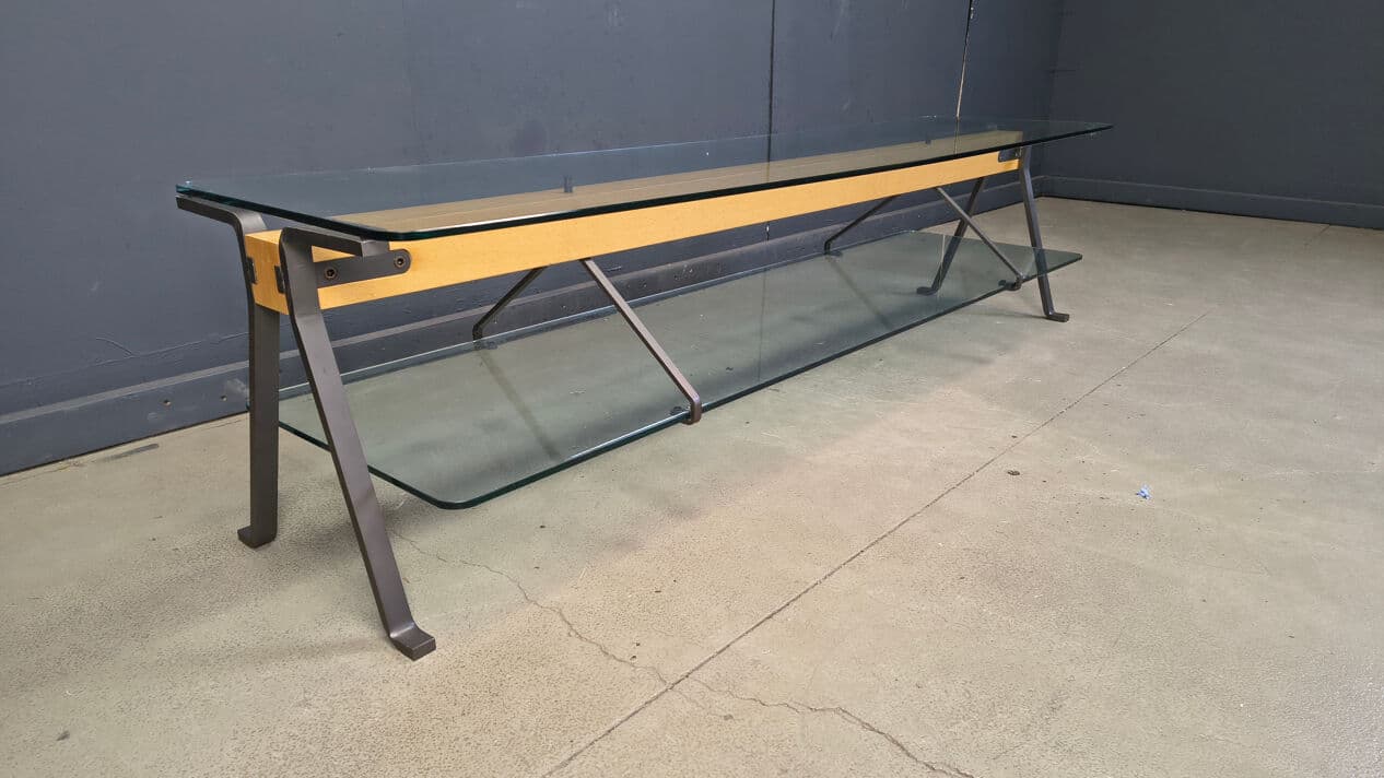 Coffee Table Fratello, transparent glass, black steel, brown beech, by E. Mari, Belgium, 1970s. - 330466