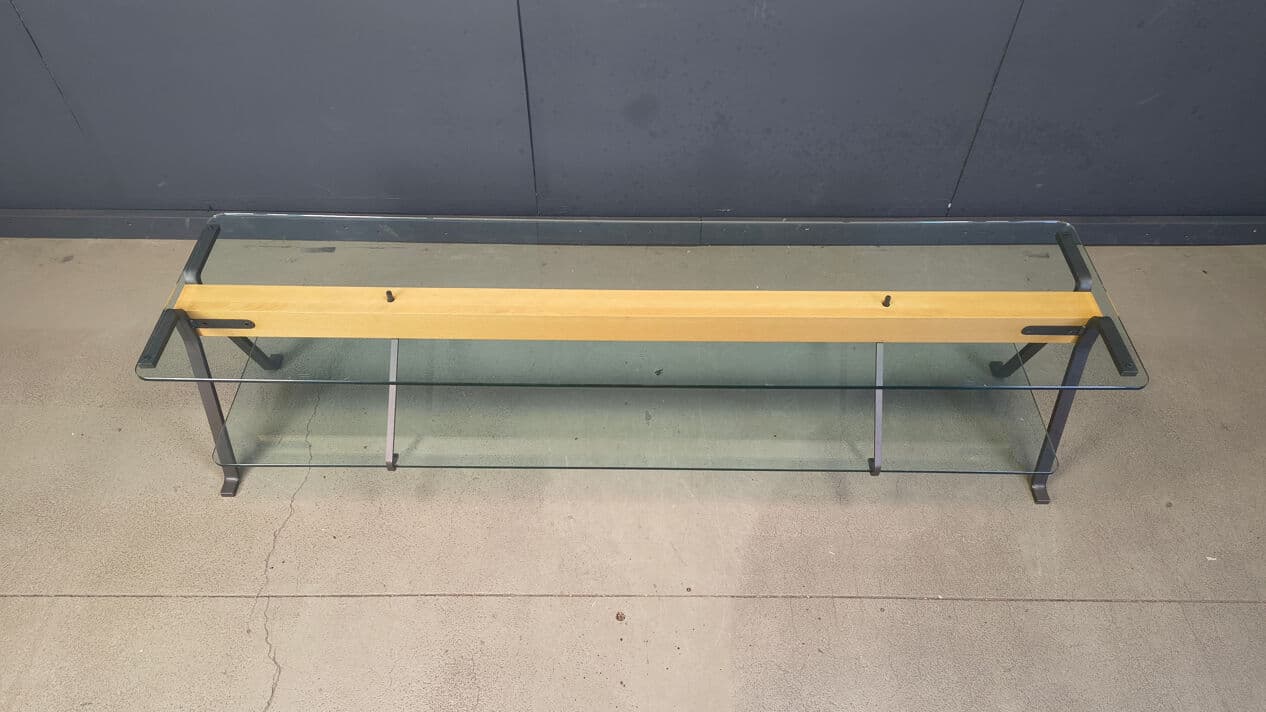 Coffee Table Fratello, transparent glass, black steel, brown beech, by E. Mari, Belgium, 1970s. - 330469