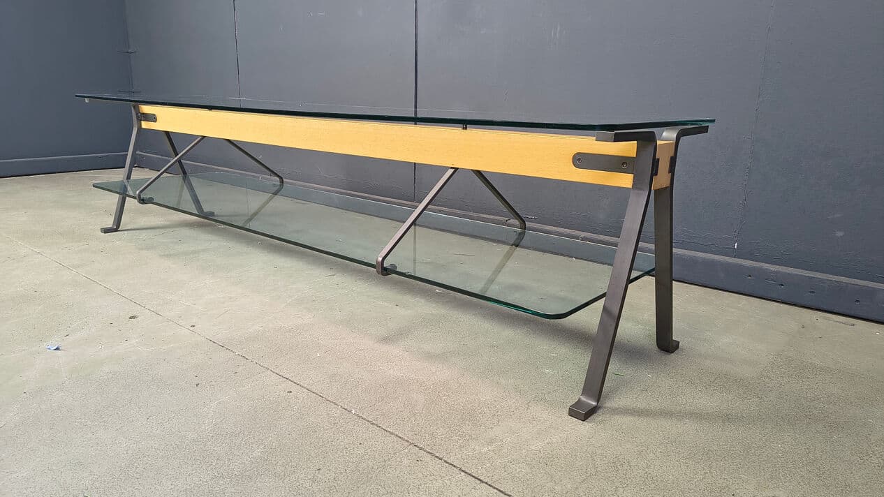 Coffee Table Fratello, transparent glass, black steel, brown beech, by E. Mari, Belgium, 1970s. - 330465