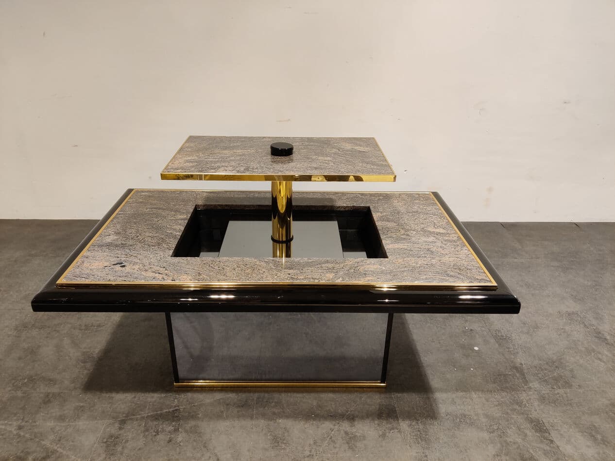 Coffee table with bar, grey granite, black lacquered wood, brass, mirrored glass, Belgium, 1980s. - 330438