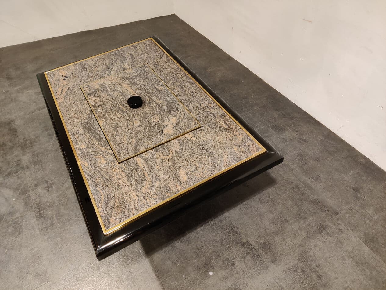 Coffee table with bar, grey granite, black lacquered wood, brass, mirrored glass, Belgium, 1980s. - 330443