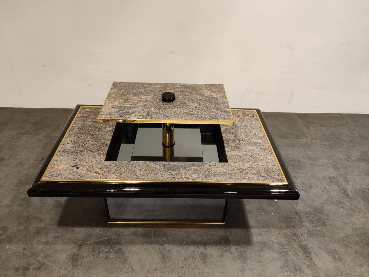 Coffee table with bar, grey granite, black lacquered wood, brass, mirrored glass, Belgium, 1980s. - 330440