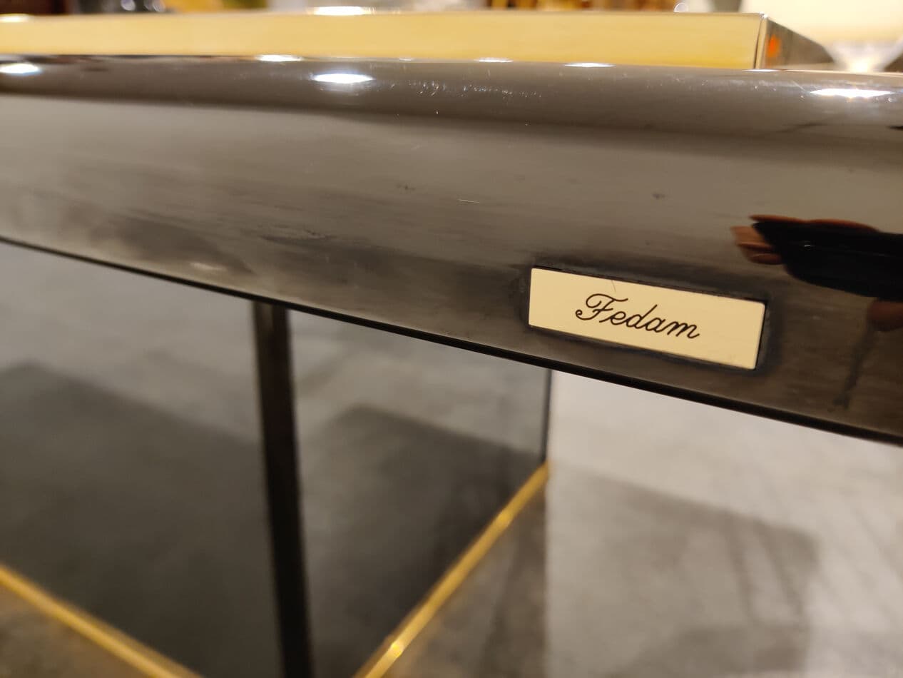 Coffee table with bar, grey granite, black lacquered wood, brass, mirrored glass, Belgium, 1980s. - 330446