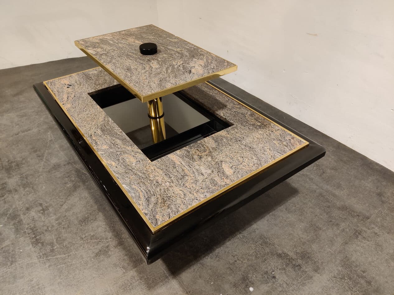 Coffee table with bar, grey granite, black lacquered wood, brass, mirrored glass, Belgium, 1980s. - 330437