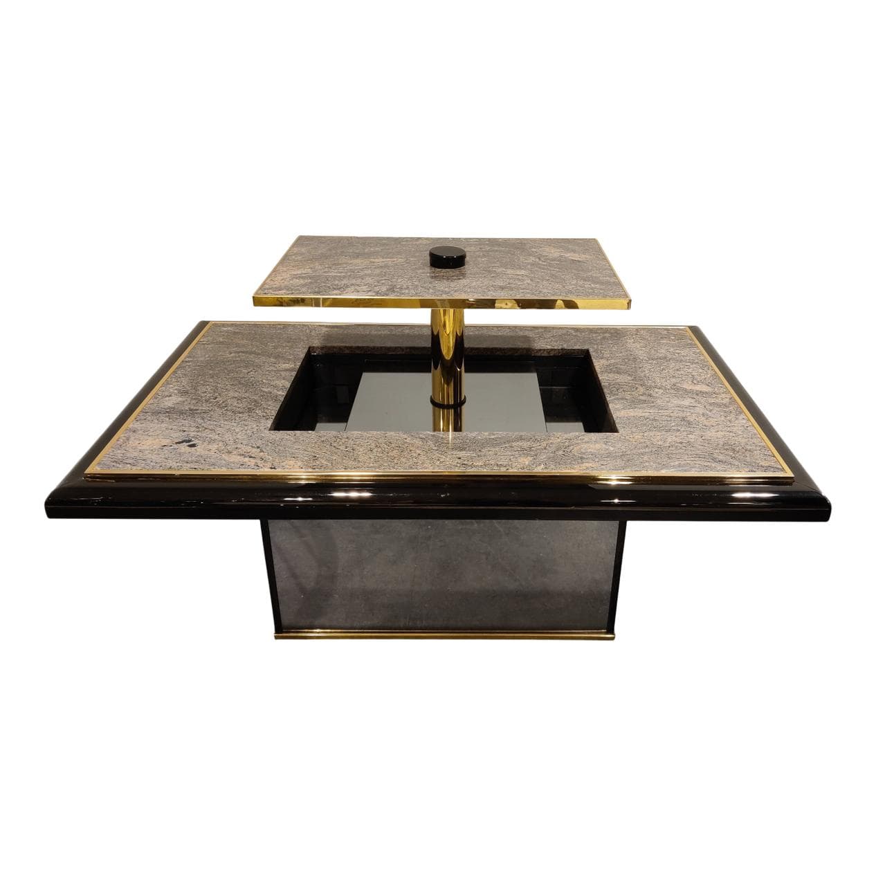 Coffee table with bar, grey granite, black lacquered wood, brass, mirrored glass, Belgium, 1980s.