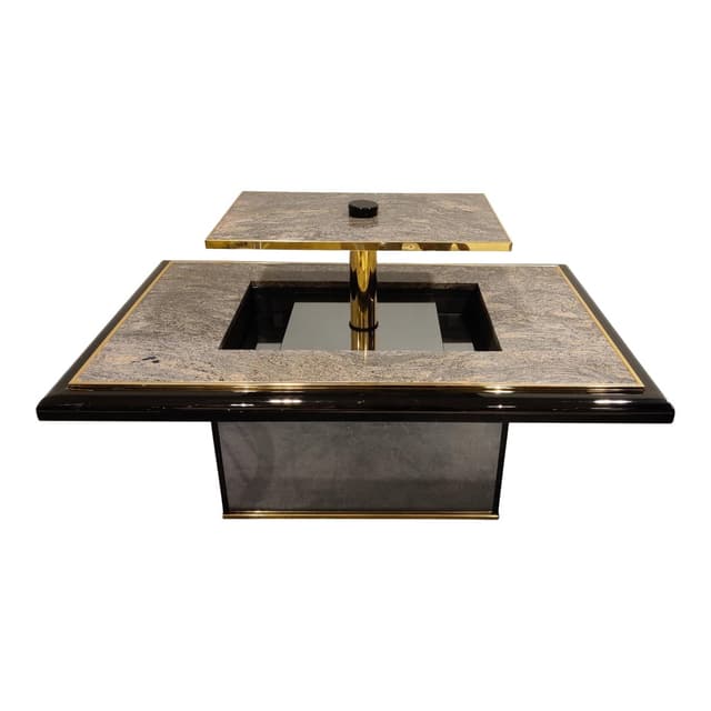 Coffee table with bar, grey granite, black lacquered wood, brass, mirrored glass, Belgium, 1980s. - DIMENSION
