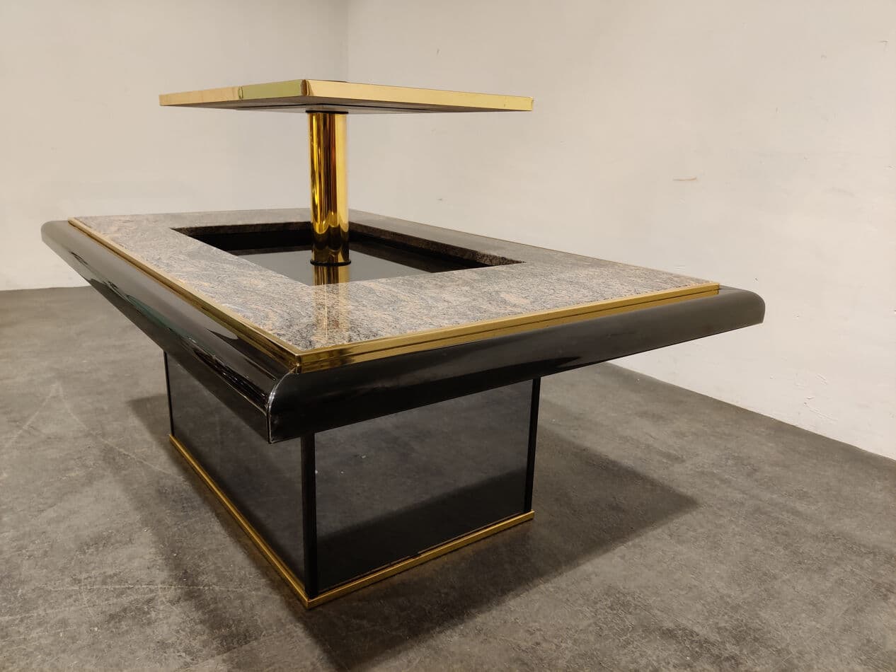 Coffee table with bar, grey granite, black lacquered wood, brass, mirrored glass, Belgium, 1980s. - 330445