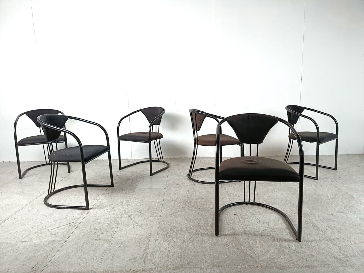 Set of Six Postmodern Dining Chairs, black metal, black fabric, Italy, 1980s. - 330434