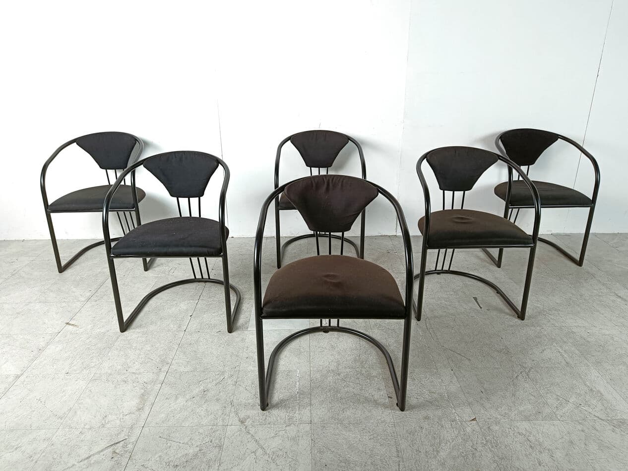 Set of Six Postmodern Dining Chairs, black metal, black fabric, Italy, 1980s. - 330429