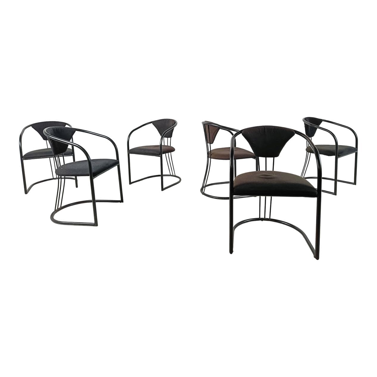 Set of Six Postmodern Dining Chairs, black metal, black fabric, Italy, 1980s.