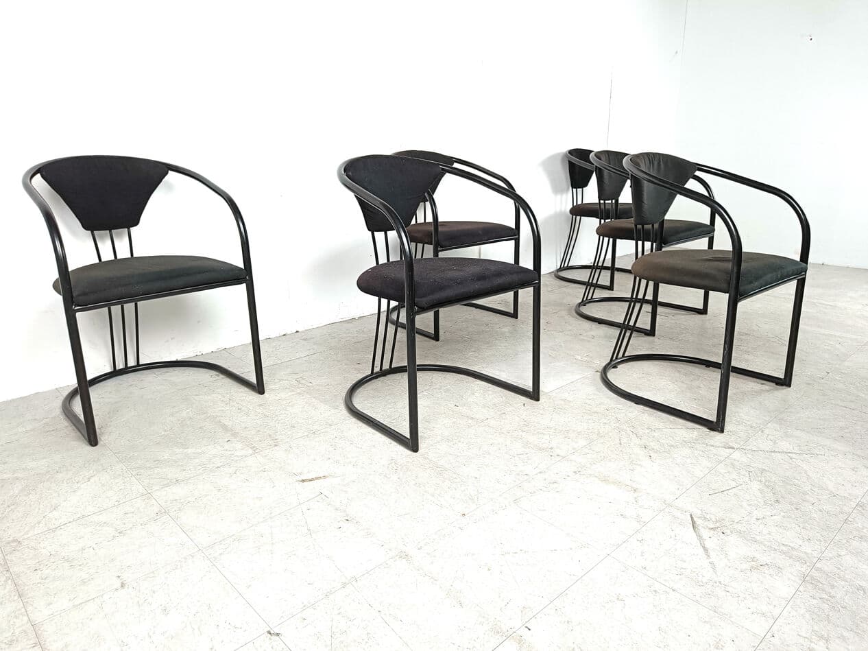 Set of Six Postmodern Dining Chairs, black metal, black fabric, Italy, 1980s. - 330433